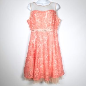 Ryu Coral Pink Lace Tulle Net L Party Dress Prom Retro Rockabilly Fit Flare